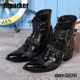 6CM Heels Black Men Boots Military Handsome Boots Shoes Pointed Toe Buckle Lace-up Motocycle Boots Black! EU38-46