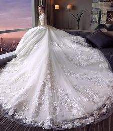 Long Cathedral Train Wedding Dress V Neck Cap Sleeve Lace Applique Beaded 3d Floral Ivory Lace Up Back Tulle Bridal Gown Vestido de