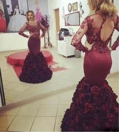 Burgundy Rose Flower Train Evening Dresses Long Sleeve Mermaid Open Back Party Dresses Illusion Neck Lace Sequins 2017 Pageant Prom Dress