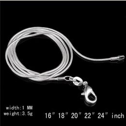 NEW Big Promotions 100 pcs 925 Sterling Silver Smooth Snake Chain Necklace Lobster Clasps Chain Jewelry Size 1mm 16inch --- 24inch