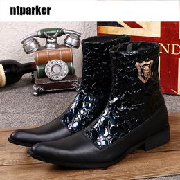 Western Cool Men Boots Pointed Toe Black Blue Genuine Leather Ankle Boots Men Motorcycle Cowboy Half Boots, Big Sizes US6-12, EUR38-46