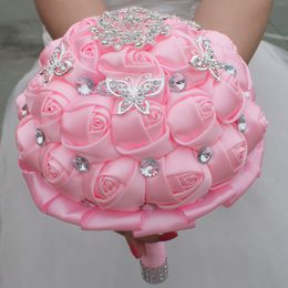 Pink Wedding Bridal Bouquets Handmade Flowers Sweet 15 Quinceanera Bouquets Pearls Crystal Rhinestone Rose Bridal Holding Brooch W195i