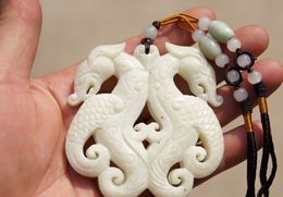 Natural white jade double-sided carved amulet, retro Ssangyong hook.Necklace pendant