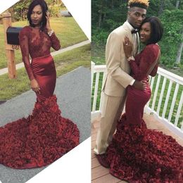 Sexy Black Girl Mermaid Burgundy South African Prom Dress Long Sleeve Evening Party Gown Custom Made Plus Size