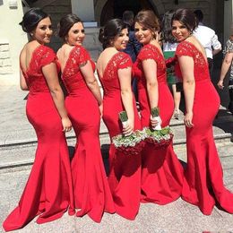 2017 Fashion Long Red Bridesmaid Dresses Cap Sleeve V-Neck Lace Satin Floor Length Sheath Evening Gowns Zipper Back Custom Made Honour