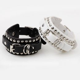 Vintage Studded and Riveted Leather Belt Buckle Bracelets White Black Punk Wide Cuff Bracelets & Bangle for Women Men Jewelry Accessories