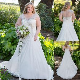 Chiffon V-neck Neckline A-line Plus Size Wedding Dresses With Beaded Embroidery Ruched Bridal Dress Illusion Back Bridal Dresses