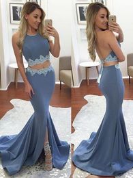 Elegant Halter Two Pieces Long Sexy Prom Dress Sweep Train Split Front Lavender Backless Mermaid Prom Gown with Lace High Quality Dress