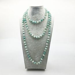 ST0347 Designer 2017 Matte AB+ Amazonite Necklace 60 inch Knotted Frosted Stone Necklace Trendy Women`s Jewellery Free Shipping