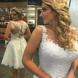 Sexy Short Wedding Dresses Uk Lace Beaded Beach Wedding Dress Sheer Neck Sexy Knee Length Wedding Dress Floral Sequined Bling Bridal Gown