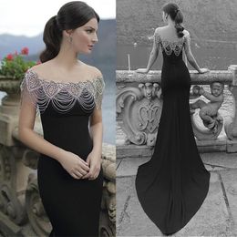 Newest Sexy Cap Sleeve Mermaid Evening Dresses Elegant Beaded Black Satin Prom Party Dresses Evening Gowns Free Shipping Custom Made
