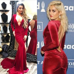 Sexy Mermaid Split Front Evening Dresses Deep V Neck Velvet Backless Prom Gowns Vestidos Festa Sweep Train Cheap Formal Dress