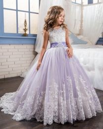 Purple Flower Girls Dresses Beaded Lace Appliqued Bows Pageant Gowns for Kids Wedding Party