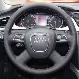 Steering Wheel Covers for Audi A4L / A8L 2009 / Q7 2010~2012 Specially Made Genuine Leather Steering Cover DIY Car Styling Black / Red lines