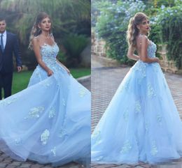 Sky Blue Princess Prom Dresses Long Sheer Neckline Lace Appliques Tulle A Line Celebrity Evening Dresses Sheer Back Sexy Party Gowns