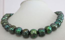 natural 11-12mm tahitian baroque peacock green pearl necklace 18" 14k yellow