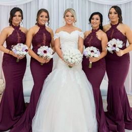 Grape Purple Halter Bridesmaid Dress Long Formal Wedding Guest Party Gowns Illusion Sleeveless Lace Appliques Mermaid Bridesamaids Dresses