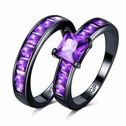 Noble purple rhinestone square CZ Zircon couple Rings Set black 18K Gold filled Wedding alliance For Women