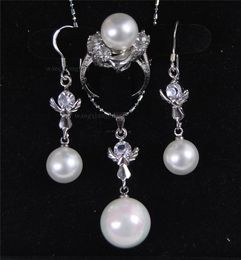 South Sea White Shell Pearl Ring Earrings(10mm) Pendant(16mm)Necklace Set