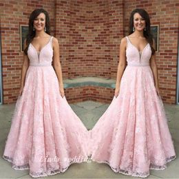 Pink Long Prom Dress A-line V-Neck Lace With Beaded Belt Formal Pageant Party Gown Custom Made Plus Size