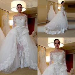 Modest 2017 Lace Off The Shoulder Long Sleeve Overskirt Wedding Dresses With Detachable Skirt Beaded Applique Bridal Gowns EN11174