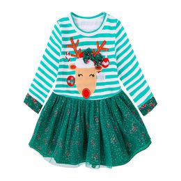 2017 NEW Christmas Girl's Dress Cotton Deer Princesses Dress Striped Long Sleeve Gauze Ball Gown Dress Baby Girls Clothes Christmas Costume