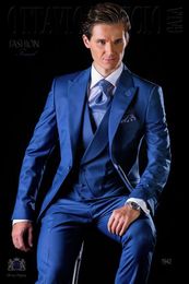 Latest Design One Button Royal Blue Groom Tuxedos Groomsmen Best Man Suits Mens Wedding Blazer Suits (Jacket+Pants+Vest) NO:453