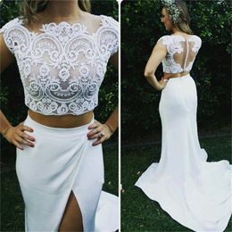 2017 Sexy Bohemian Lace Top Gonna in chiffon Due pezzi Abiti da sposa a sirena con maniche corte Side Split Beach Abiti da sposa EN112113