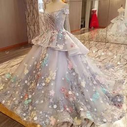 Middle-East Charming Princess Wedding Dress Beading Off Shoulder Colourful Flower Appliques Wedding Gowns Newest Fairy Grey Bridal Dress