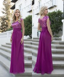 Purple Sequins Modest Bridesmaid Dresses Long With Short Sleeves Chiffon Long Cheap Evening Wedding Party Dresses Country Custom Made