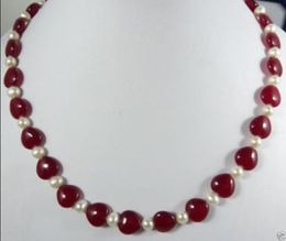 Details about 7-8MM White Cultured PEARL&12mm red Heart JADE Necklace 18"