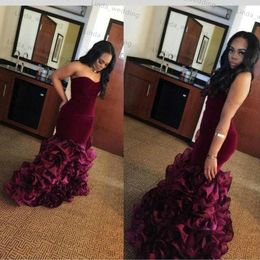 Long Burgundy Mermaid Arabic Prom Dress South African Sweetheart Tiered Backless Graduation Evening Party Gown Plus Size Custom Made