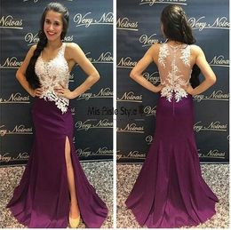 Regency Purple Split Long Prom Dresses V Neck Illusion Bodice Appliques Satin Floor Length Royal Blue Mermaid Evening Dresses