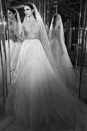 Crystal Zuhair Murad Wedding Dress Vintage Illusion Long Sleeve Sheer Neck Winter Tulle Beaded Court Train Backless Bridal Gowns