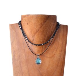 Fashion Turquoise Crystal Water Drop Pendant Necklace Stainless steel natural stone leather rope Necklaces & Pendants For Women