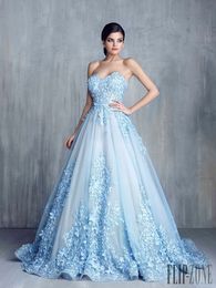 Tony Chaay Sky Blue 3D Floral Formal Prom Dresses 2019 Modest Cinderella Sweetheart Handmade Flower Arabic Occasion Evening Party 2688