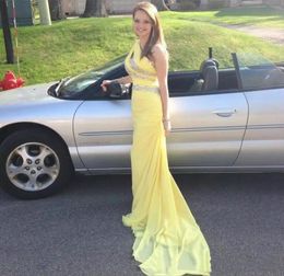 Dresses Evening Light Yellow 2017 One Shoulder Chiffon Sleeveless Beaded Prom Back Zipper Custom Made Formal Ocn Party Gowns