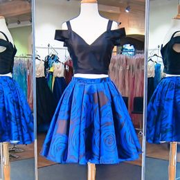 2 Pieces Short Prom Dresses Off Shoulder Black top and Royal Blue Floral Print Satin Formal Homecoming Cocktail Party Gowns Cheal Real photo