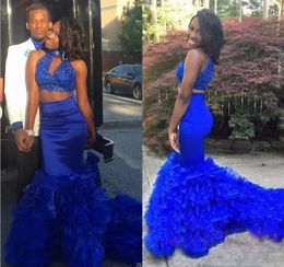 Royal Blue Two Pieces Dresses Party Evening Wear High Neck Beads Lace Layered Mermaid Prom Dress Long Zipper Back Homecoming Dress