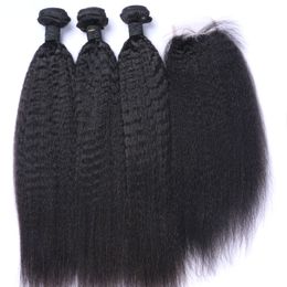 Afro Kinky Straight Brazilian Hair Bundles With Closure Human Hair Weaves Closure 4x4 Free Part Natural Colour 1B Black