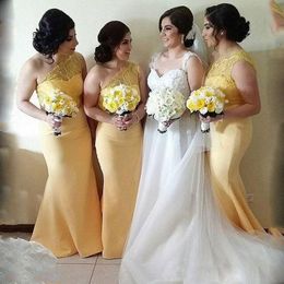 Light Yellow Mermaid Bridesmaid Dresses 2018 Lace Top One Shoulder Satin Long Bridesmaid Gowns For Wedding Cheap Wedding Guest Formal Dress