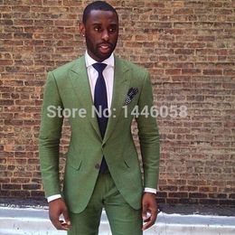 Wholesale- New Arrival 2 Button Peaked Lapel Green Suits For Men Tuxedo Wedding Groom Suit Best Man Groomsmen Tailored (Jacket+Pants+Tie)