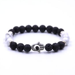 Many Colour Natural Stone Fatima Hamsa Hand Men Bracelet Black Matte Lava Stone Chakra Energy Bracelet Summer Jewellery