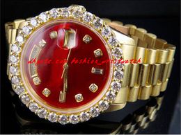 With box 18K Mens watchs Yellow Gold 36MM Red Dial Bigger Diamond Watch 5.5CT Automatic Mechanical Men Watches New Arrival