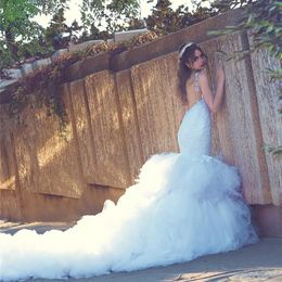 Stunning Arabic Mermaid Wedding Dress Lace Appliques Spaghetti Straps Sexy Backless Luxury Puffy Tulle Cathedral Train Wedding Dresses