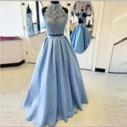 Light Blue Two Pieces Dresses Party Evening Wear Lace Top Sheer A Line Satin Skirt Prom Dress Sexy Back Formal Homecoming Dress