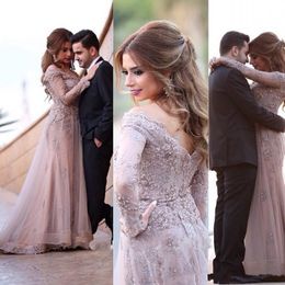 Arabic Elegant Long Sleeves Evening Dresses Lace Appliques Beaded A Line Prom Party Gowns Muslim Dubai Kaftan Dress Evening Wear