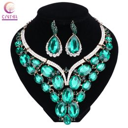Fashion Jewelry Chunky Gem Crystal Flower Choker Necklace Statement Necklace Earring Party Dress Jewelry Sets 10 Colors