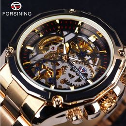 Forsining Steampunk Gear Design Transparent Case Automatic Watch Gold Stainless Steel Skeleton Luxury Men Watch Top Brand Luxury+Watch box