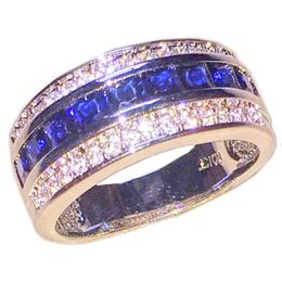 Fashion 10KT Gold filled Princess-cut Square Cubic Zirconia Blue Gemstone Rings Wedding Band Jewellery for Men Women